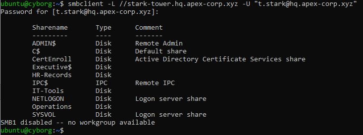 smbclient connected to STARK-TOWER showing ls output with Operations, IT-Tools, HR-Records shares listed